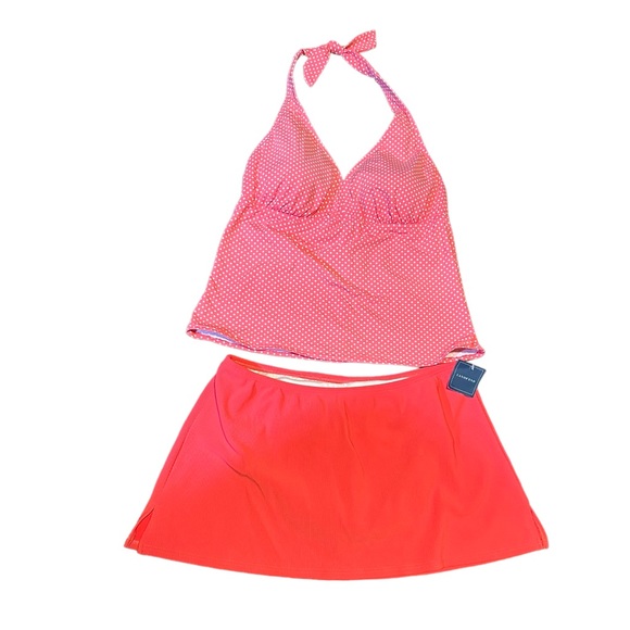 Lands' End Swim Lands End 2 Piece Coral Polka Dot Tankini Top Blouson Swim Skirt Bikini